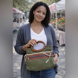 Vintage Banner House Purse | Olive Green Hippie Bag 80s Wooden Handle Retro Bag